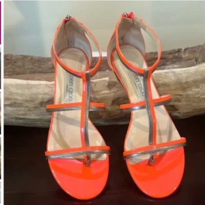 Jimmy Choo Tabitha T-Strap Flats, Neon Patent Leather Sandals Retail $595 - Image 1 of 2