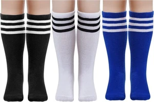 Dxhycc 3 Pairs Stripes Knee High Tube Socks 3-6 Years, Black, White, Blue - Picture 1 of 7