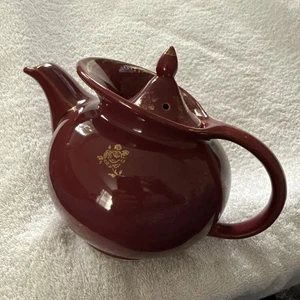 Hall China Co. Maroon w/Gold Roses & Trim 6 Cup Teapot #0693 Made In USA 1940s - Picture 1 of 9