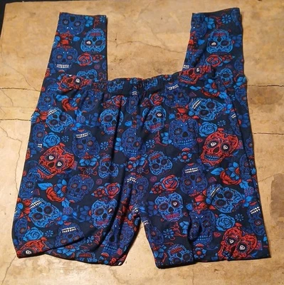 Women's Unbranded Plus One Size Black Red Blue  Sugar Skull Full Length Leggings - Image 1 of 2