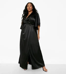 Boohoo Womens Plus Angel Sleeve Satin Maxi Black Size 20 NWT - Picture 1 of 17