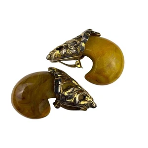 Vintage Clip-On Earrings Gold Tone & Amber Resin Deco Motif Swirl Design - Picture 1 of 5