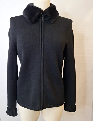 Chaqueta tejida Jones New York talla M negra con cuello de piel sintética cremallera completa Foto 1 de 4