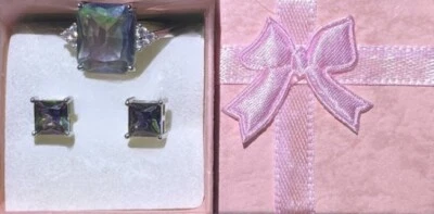 Stunning Rainbow Mystic Topaz Square Ring Size 8 and Earrings Set - Image 1 of 4