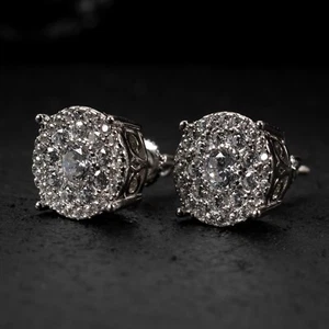 Mens White Gold Plated Elegant Round Large CZ Iced Cluster Stud Earrings - Picture 1 of 4