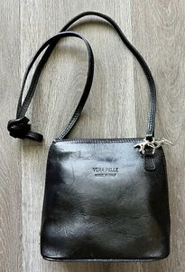Vera Pelle Leather Black Crossbody Shoulder Bag Satchel Purse Made In Italy - Picture 1 of 6