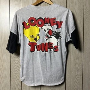 VINTAGE Looney Tunes Shirt Adult M Gray Black Baseball Jersey Mens 90s - Picture 1 of 8
