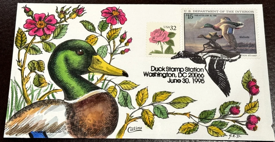 RW62 MALLARDS 1995 Federal duck stamp Collins Hand-painted single FDC Superb! - Image 1 of 1