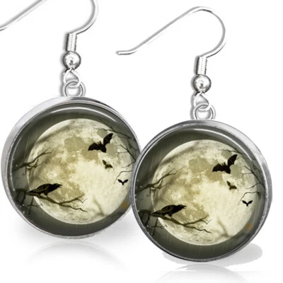 Brincos góticos de Halloween lua cheia morcegos corvo negro pendurados fios esterlinos - Imagem 1 de 4
