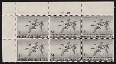 US RW12 $1 Duck Hunting Permit of 1945 Mint Plate Block of 6 XF OG NH SCV $600 - Image 1 of 2