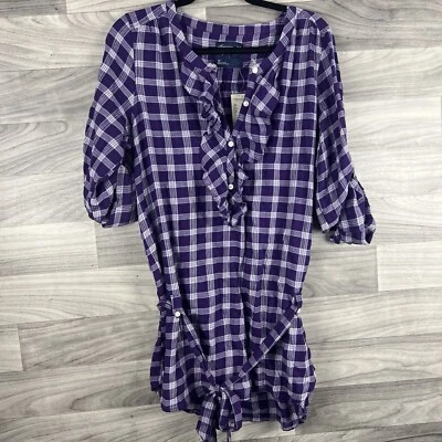 Blusa Top American Eagle Mujer 14 Púrpura Cuadros Franela Peplum Túnica Cintura Corbata Foto 1 de 4