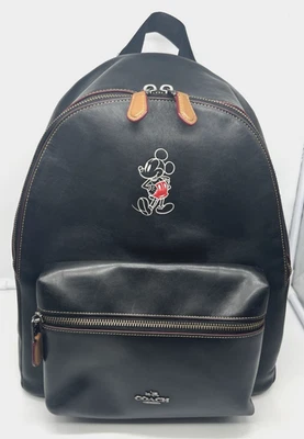Mochila unisex de cuero de becerro negro Charlie Disney X Coach Mickey Mouse F59378 Foto 1 de 4