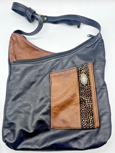Handgefertigte recycelte weiche Leder Umhängetasche Handtasche geprägt schwarz braun - Bild 1 von 20