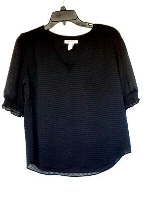 Женская блузка White House Black Market Цвет черный Swiss Dot Рукав-затяжка V-образный вырез Размер M - Изображение 1 из 4