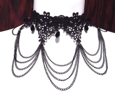 ARCOS GÓTICOS GARGANTILLA DE ENCAJE VENECIANO Elegante Romántico Cuentas Cadenas Negras K1 Foto 1 de 2