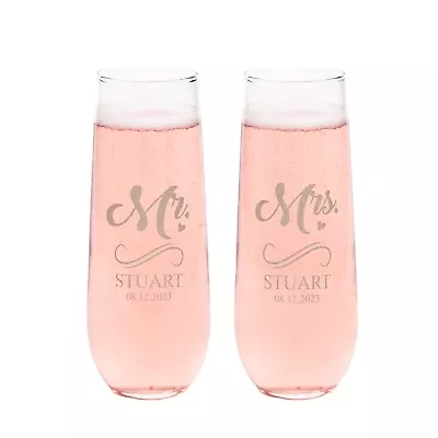 Personalized Stemless Champagne Glasses Set Of 2 - Engraved Wedding Flutes • 28.95£