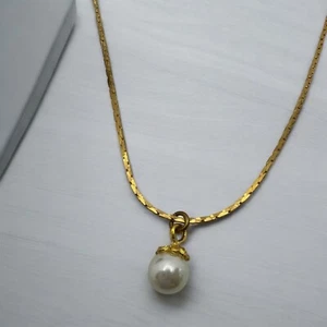 Vintage Faux Pearl Chain Necklace 18" Gold Tone Solitaire Classic 80s - Picture 1 of 7