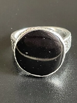 Круглый черный обсидиан драгоценный камень S925 серебро покрытием мужчин женщин кольцо размер 9 - Изображение 1 из 4