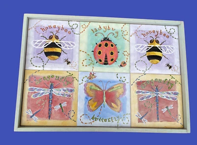 Awesome 6 Ceramic Tile Tray Butterfly Dragonfly Honeybee Ladybug Cottage Chic - Image 1 of 4