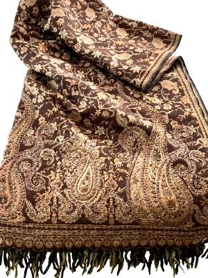 Blanket Hand loomed & Beaded Paisley Brown Wool Blend Throw Blanket 82"x40" Vtg - Image 1 of 4