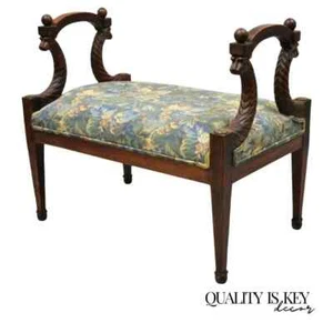 Vintage Italian Regency Figural Carved Floral Upholstered Wooden Window Bench - Picture 1 of 12