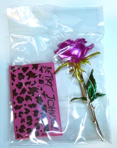 NWT Betsey Johnson Hot Pink Purple Rose Flower Green Leaves Stem Gold Pin Brooch - Picture 1 of 5