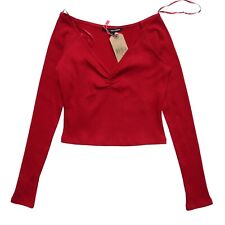 Ladies Spring V Neck Wide Ribbed Red Crop Long Sleeve Tops 250