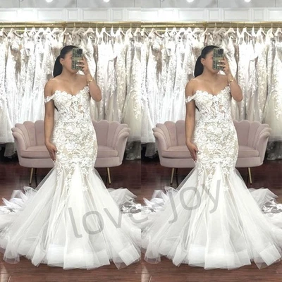 Off Shoulder Mermaid Wedding Dress Lace Appliques Train Plus Size Bridal Dresses - Image 1 of 4