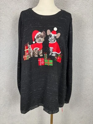 Holiday Lane Plus Black Lurex Christmas Sweater Dog Appliqué Size 1X NWT's - Image 1 of 4