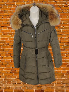 ATTENTIF GREEN COAT SIZE UK 8 RACOON FUR HOOD WOMENS PADDED PUFFER PARKA JACKET - Picture 1 of 6