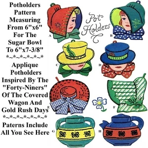6 Sunbonnet Girls Potholders, Sugar Bowl & Tea Pot Embroidery Pattern - Picture 1 of 11