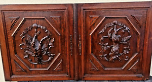 Pair French Antique Wood Carved Architectural Bird Rabbit Panel Door Solid Oak