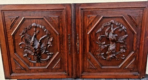 Pair French Antique Wood Carved Architectural Bird Rabbit Panel Door Solid Oak Cover