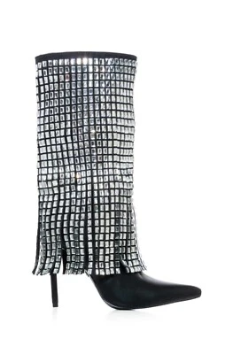 Bota AZALEA WANG Spinner Embellecida Estrás Media Pantorrilla Negra Nueva con Etiquetas Talla 8 Foto 1 de 4