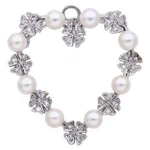 Vintage 14K White Gold Pearl & Diamond Open Heart Brooch Pin Pendant - Picture 1 of 6