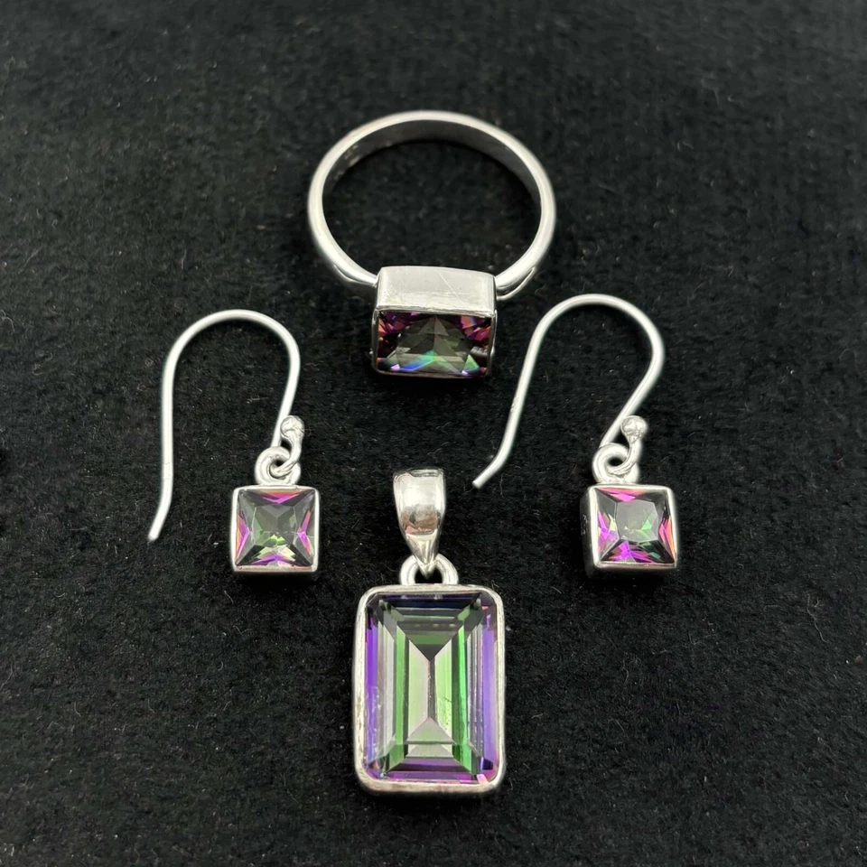 Juego de pendientes de anillo hechos a mano de plata esterlina maciza 925 con topacio arco iris KJ-726 Foto 1 de 4