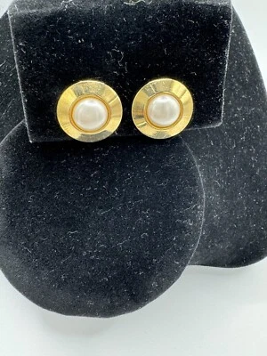 Vintage Faux Pearl Yellow Gold Plated Clip On Earrings 0.5” - Image 1 of 4