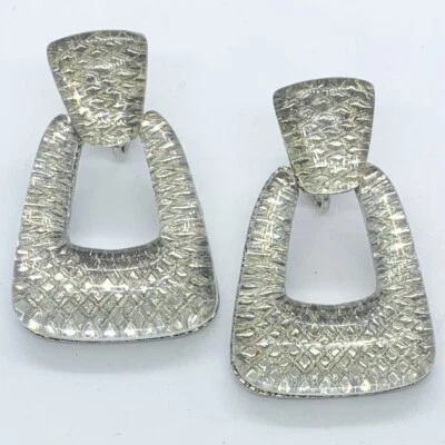 VTG CLEAR RESIN CHUNKY DOOR KNOCKER SILVER BUCKLE HOOP EARRINGS 80s CLIP-ON  - Image 1 of 4