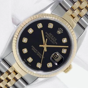 Rolex DateJust 16233 QS 36 Black Diamond Dial 18K Yellow Gold Fluted Bezel Watch - Picture 1 of 12