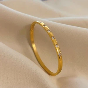 Classic Woman 18K Gold Plated Stainless Steel CZ Round Cuff Bangle Bracelet - Picture 1 of 3