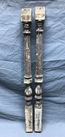 Pair Antique Turned Shabby Wood Column Spindles 2x29 Staircase Chic VTG 304-23B Cover