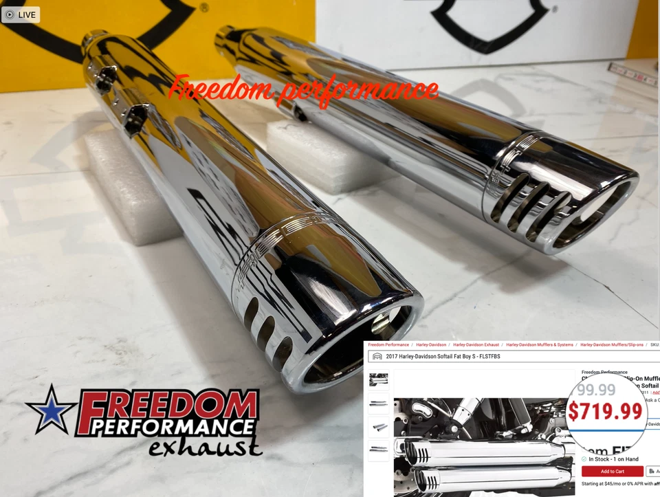 Глушители без шнуровки 07–17 FatBoy Softail Freedom Performance 3 дюйма Twin Slash хромированные - Изображение 1 из 4