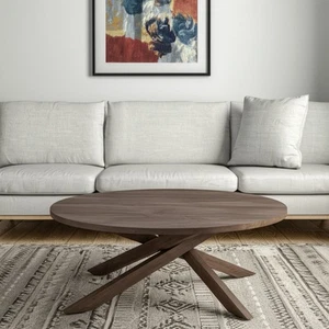 42" Brown Solid Wood Round Cross Legs Coffee Table - Picture 1 of 12