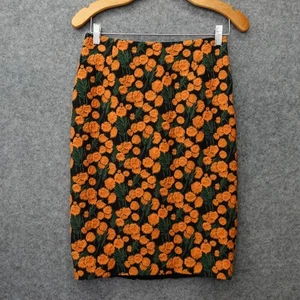Jacquard Pencil Skirt Womens SMALL 4 Black Orange Marigold Floral Garden KAELEN - Picture 1 of 13