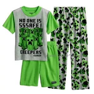 MINECRAFT Pajamas Size 6 8 Boys 3 Piece Set Shirt Shorts Pants Creeper Girls NWT - Picture 1 of 2