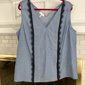 Escada Blouse Size 44 Lightweight Cotton, Blue With Black Lace NWOT - Picture 1 of 11