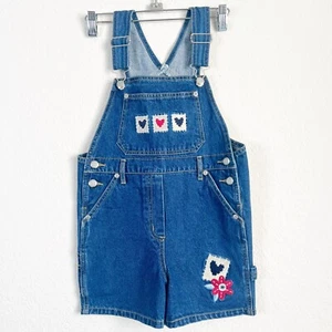 Vintage High Sierra Cute Overall Shorts Denim Girls Sz M (5/6) Embroidery Hearts - Picture 1 of 11