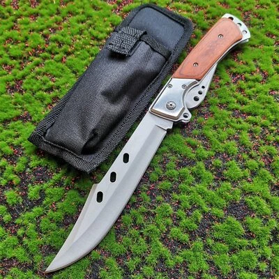 Pocket wooden handle 8CR15MOV blade tactical outdoor self-defense defense knife - Image 1 of 4