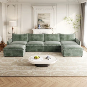 U-Shaped Couch Set,Corduroy Upholstered Oversized Deep Seat Sofa with 2 Footrest - Picture 1 of 12