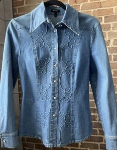 ESCADA MEDIUM WASH BLUE DENIM BLINGY RHINESTONE Western SHIRT JACKET Size 36 - Picture 1 of 12